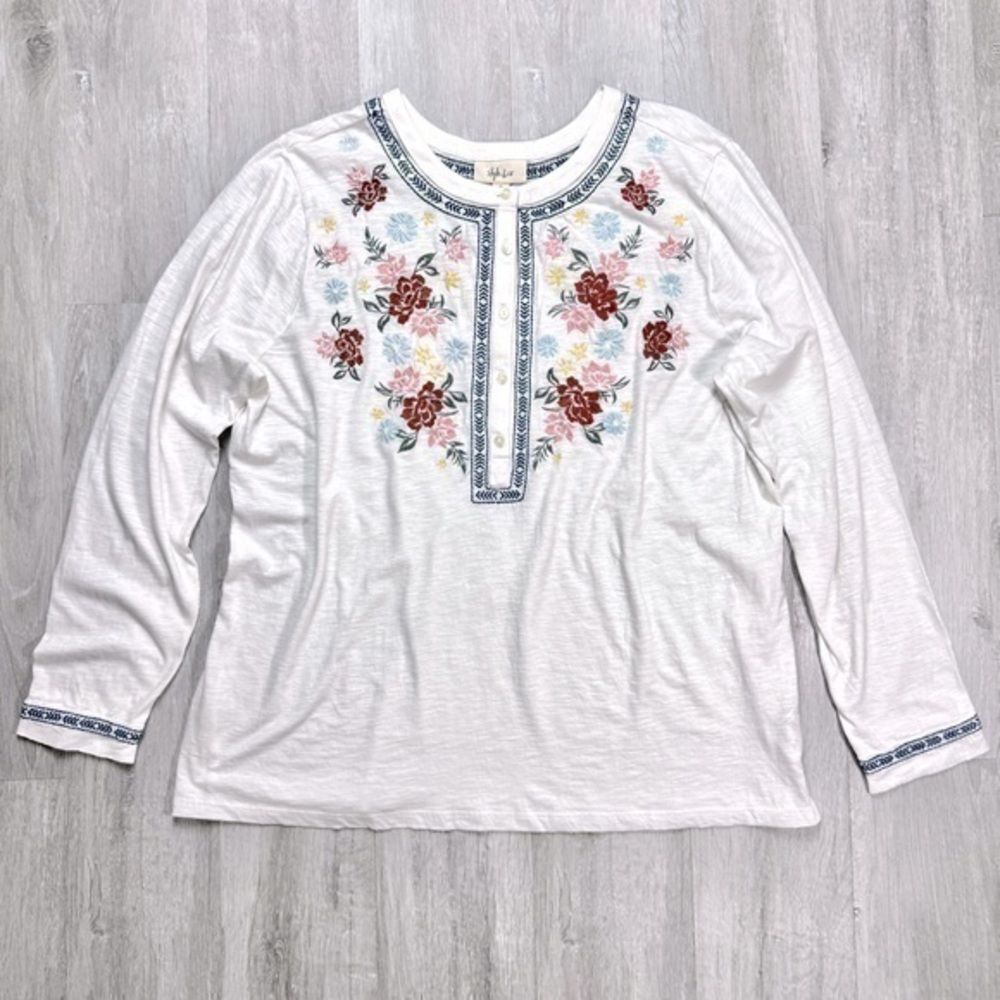 White 100% Cotton Peasant Long Sleeve Embroidered Top XL